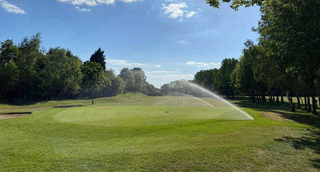 A sunny day view of a green at Birchwood Golf Club.