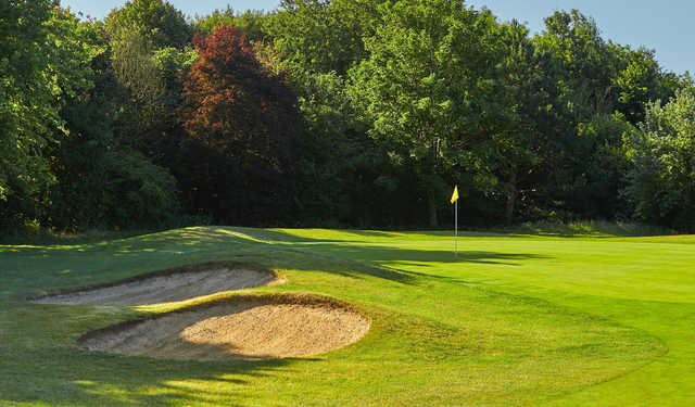 A view of a well protected green at Aldenham Golf Club.