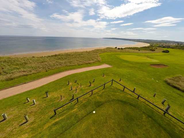 A view of a hole and the sea in background at Filey Golf Club.