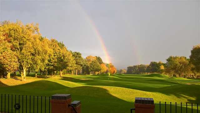 A fall day view of a hole at Druids Heath Golf Club.