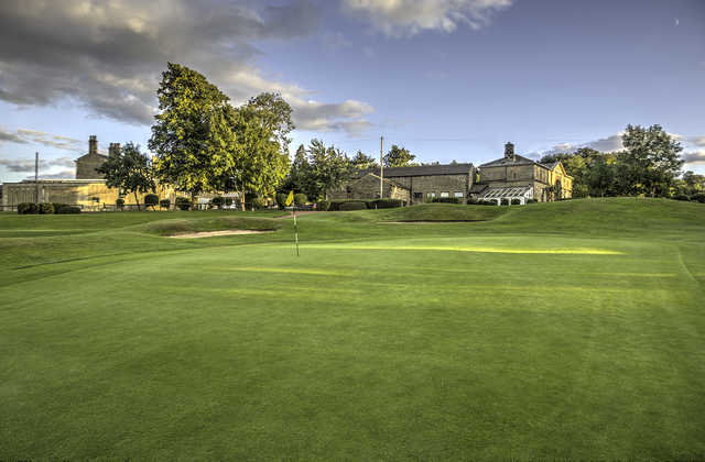 A view of the 9th hole and the clubhouse at Cookridge Hall Golf Club.