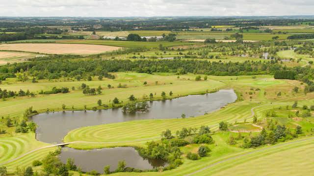 Aerial view of the 3rd fairway and green from The Lakes Course at Longhirst Hall Hotel & Golf.