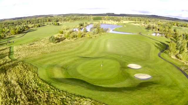Aerial view of the 13th green from The Dawson Course at Longhirst Hall Hotel & Golf.