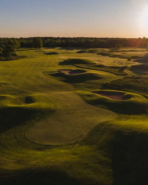 Aerial view of a green at Eagle Glen Golf Club.