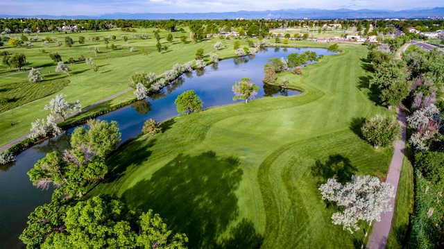 Aerial view of the 18th hole at Aurora Hills Golf Course.