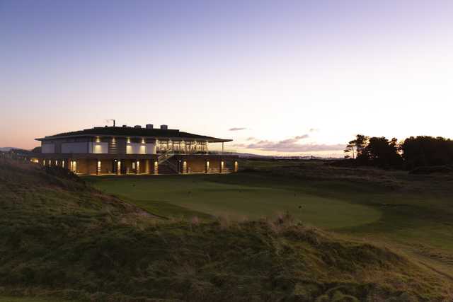 View of the putting green and clubhouse at Dundonald Links.