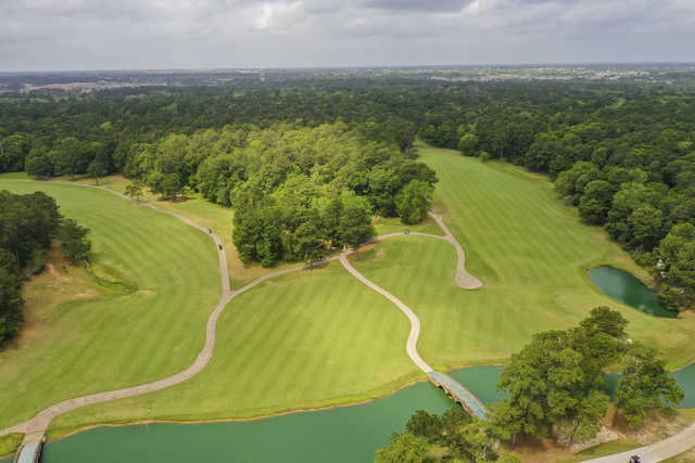 Aerial view of the #5, #6, #7 greens at Tour 18 Houston.