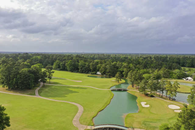 Aerial view of the #5, #6, #7 greens at Tour 18 Houston.