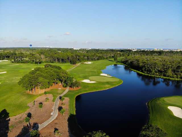 Aerial view of the 9th green from Kelly Plantation Golf Club.