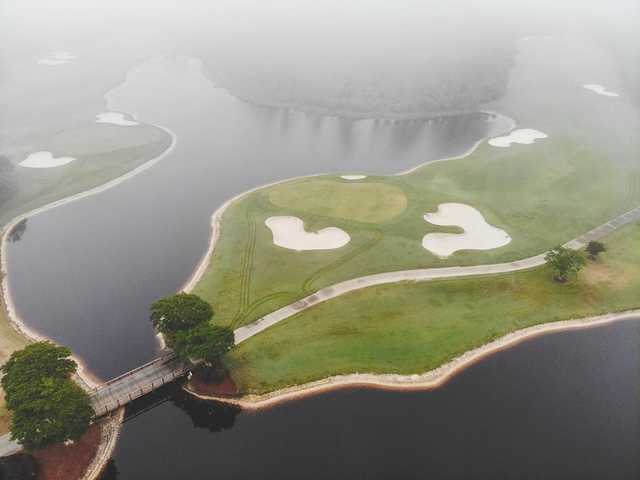 Aerial view of the 18th hole at Kelly Plantation Golf Club.
