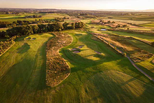 Aerial view of the 17th green with 9th on the left and 16th hole on the right side at Rowallan Castle Golf Club.