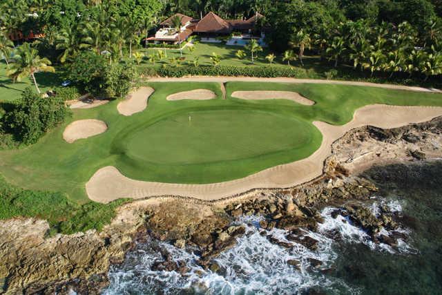 Aerial view of the 7th green from the Teeth of the Dog at Casa de Campo.