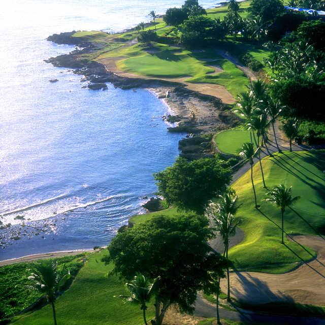 Aerial view of the 7th green from the Teeth of the Dog at Casa de Campo.