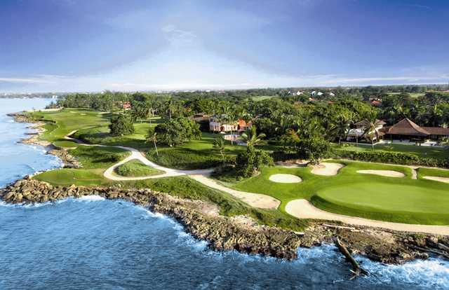 Aerial view of the 7th green from the Teeth of the Dog at Casa de Campo.