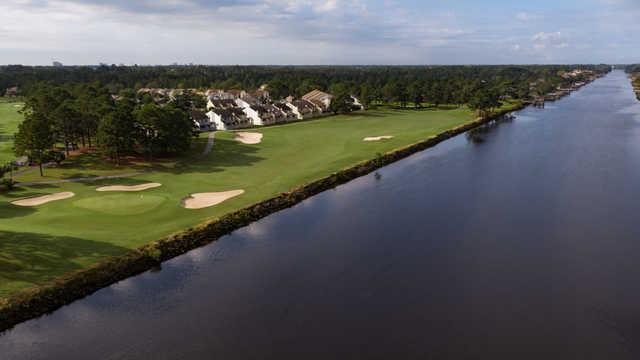 Aerial view of the 18th fairway and green from Palmetto Course at Myrtlewood Golf Club.