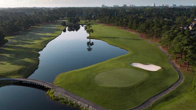 Aerial view of the 14th green from Palmetto Course at Myrtlewood Golf Club.