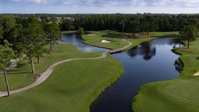 View of the 11th tee box and green from the PineHills course at Myrtlewood Golf Club.