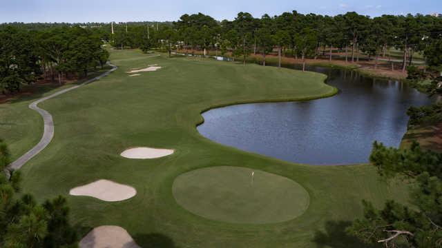 View of the 18th green from the PineHills course at Myrtlewood Golf Club.