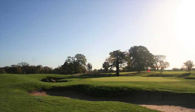A view of a well protected green at Northop Golf Club.