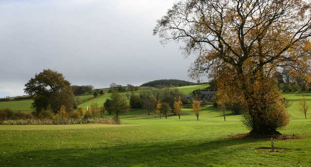 A fall day view of a hole at Rhosgoch Golf & Leisure Club.