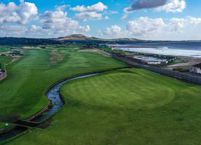 Aerial view of the 18th green from Leven Links Golf Course.