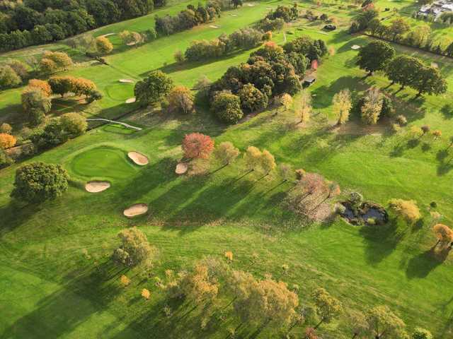 Aerial view of the 7th greens at Grims Dyke Golf Club.