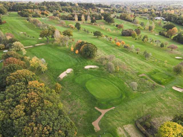 Aerial view of the 6th greens at Grims Dyke Golf Club.