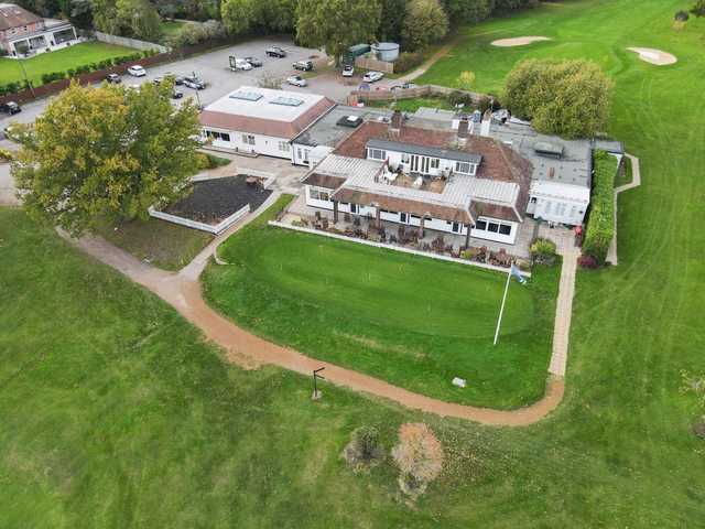 Aerial view of the clubhouse at Grims Dyke Golf Club.