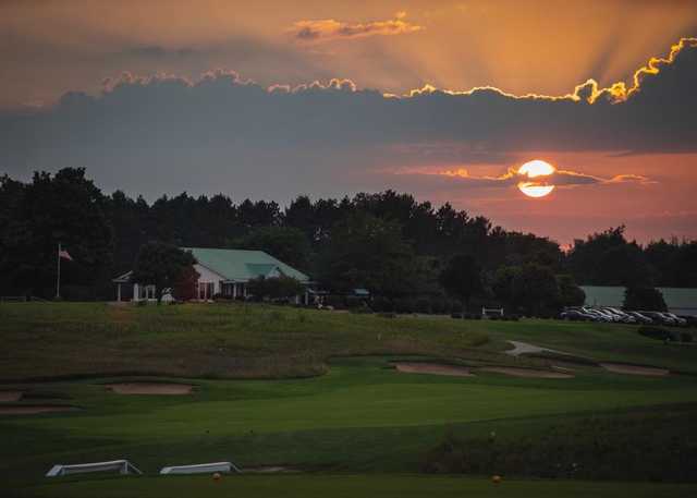 Sunset view of the 18th green at Eagle Glen Golf Course.