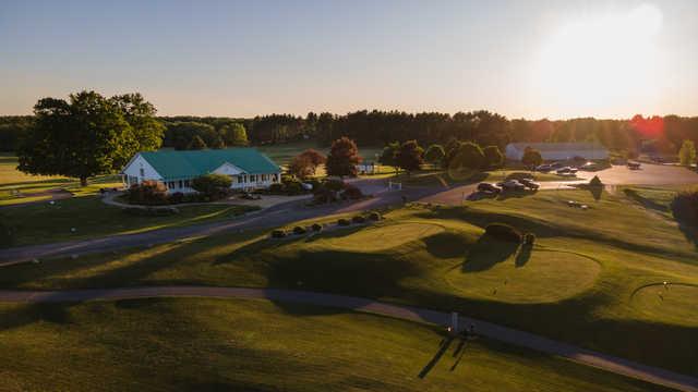 View of the 10th tee box with the clubhouse in the background at Eagle Glen Golf Course.