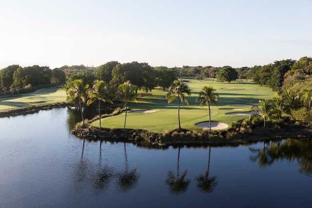 Aerial view of the 13th green from Silver Fox Course at Trump National Doral Miami.