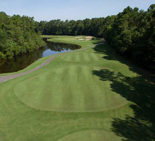 Aerial view of the 5th tee and fairway from the Avocet Course at Wild Wing Plantation.
