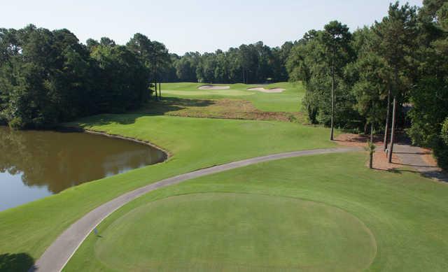 Aerial view of the 17th tee and fairway from the Avocet Course at Wild Wing Plantation.