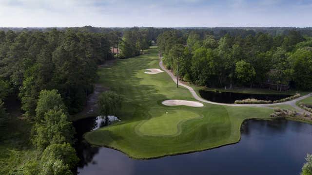 Aerial view of the 16th green and fairway from River Hills Golf & Country Club.