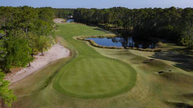 Aerial view of the 8th green and fairway at Founders Club of Pawleys Island.