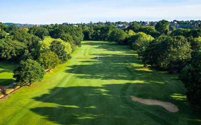 Aerial view of the 2nd fairway and green from Hendon Golf Club.