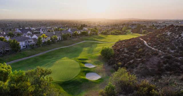 Aerial view of the 5th green from Black Gold Golf Club.