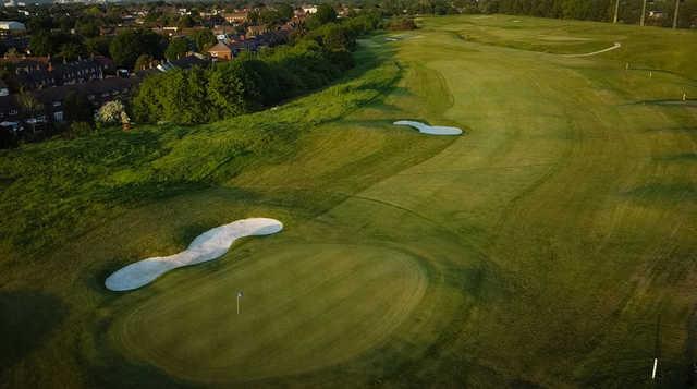 Aerial view of a green at London Airlinks Golf Course.