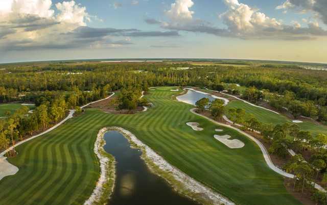 Aerial view of the 10th fairway and green at Old Corkscrew Golf Club.