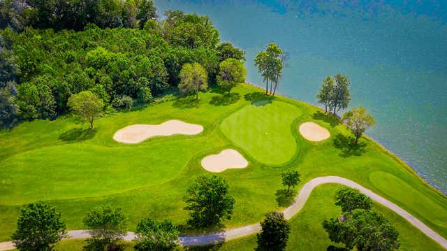 Aerial view of the 16th green from the Palmer Course at Geneva National Golf Club