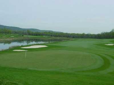 A view of green #9 with water coming into play from left at Bull Run Golf Club.