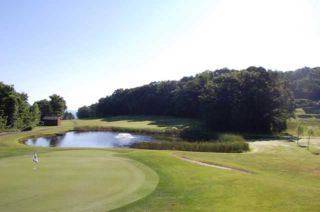 A view of the 7th green with water coming into play at West Point Golf Course.