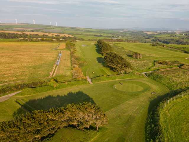 Aerial view of the 3rd green and 4th fairway at Mawgan Porth Golf Club.