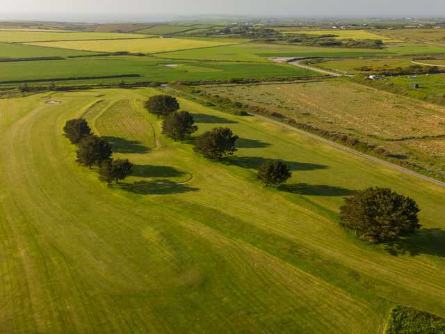 Aerial view of the 2nd and 3rd fairways at Mawgan Porth Golf Club.