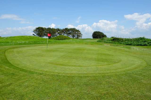 View of the 1st green from Mawgan Porth Golf Club.