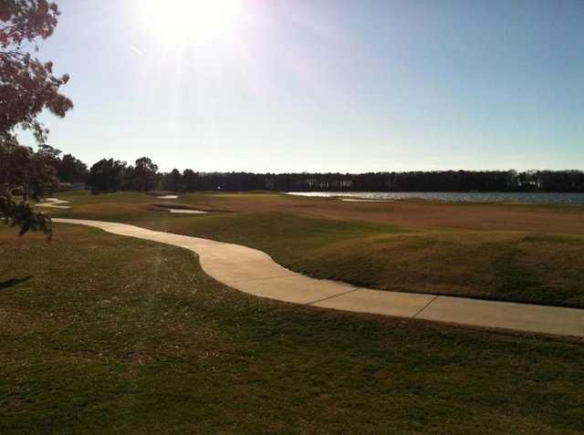 A sunny view of hole #18 at Newport Bay at Ocean City Golf Club