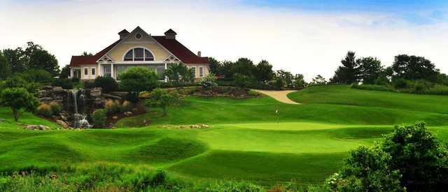 A view of the 18th hole and clubhouse at P.B. Dye Golf Club