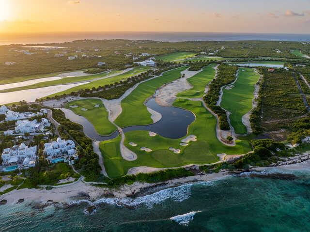 Aerial view of the 2nd and 11th holes from International Course at Aurora Anguilla Resort & Golf Club.