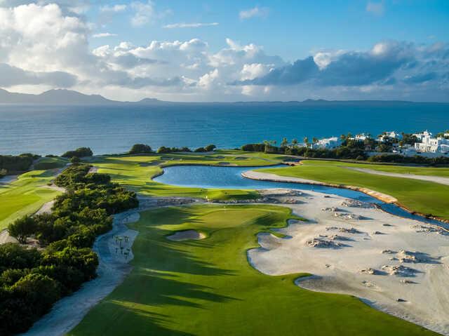 Aerial view of the 1st green from International Course at Aurora Anguilla Resort & Golf Club.