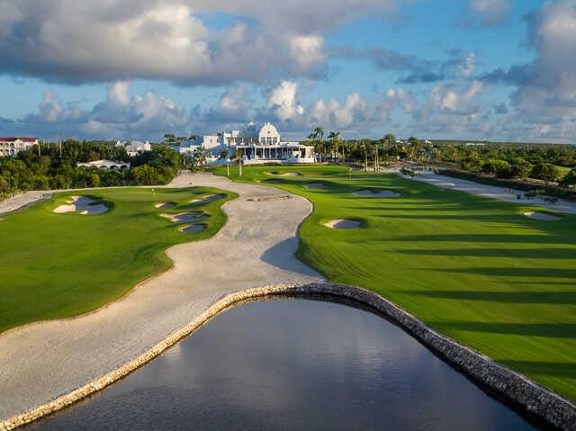 Aerial view of the 12th and 18th greens from International Course at Aurora Anguilla Resort & Golf Club.